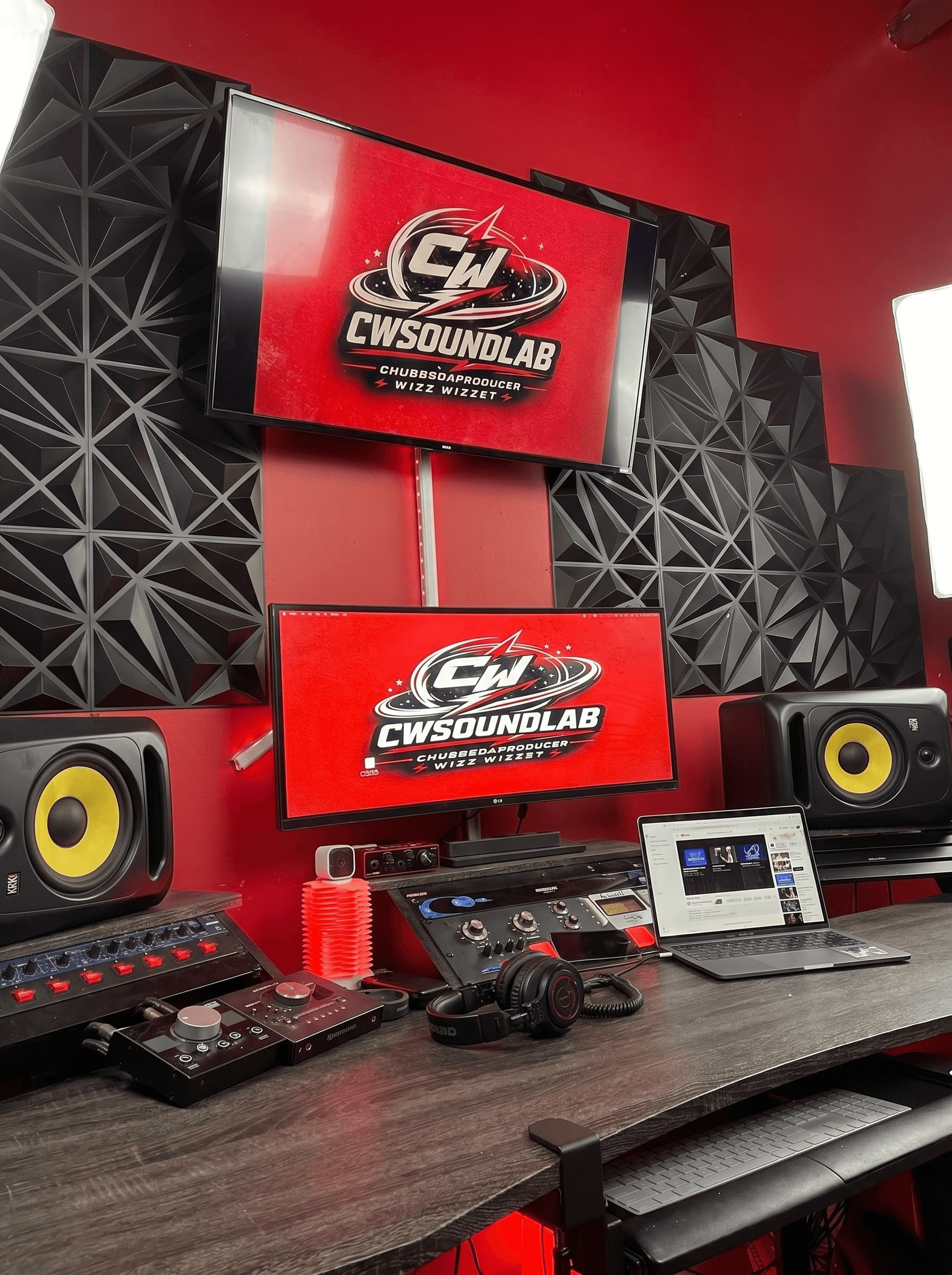 CW Soundlab control room with KRK monitors and dual screens